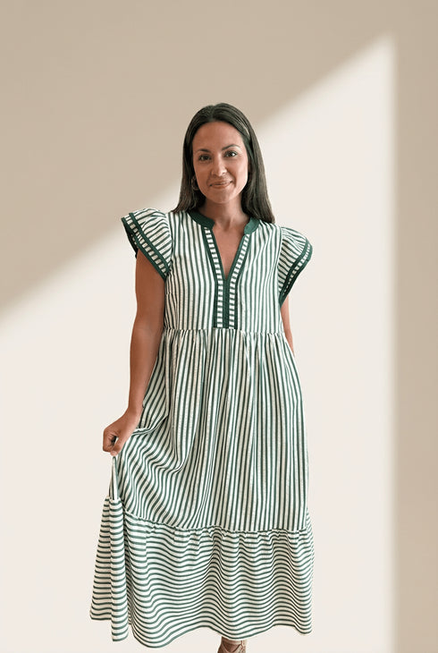 Women's Green Striped V-Neck Midi Dress with Ruffle Sleeves