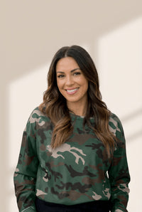 Women's Green Waffle-Knit Camouflage Drop Shoulder Top