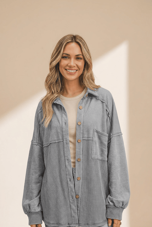 Women's Grey Mixed-Texture Waffle Knit Shacket with Exposed Seams