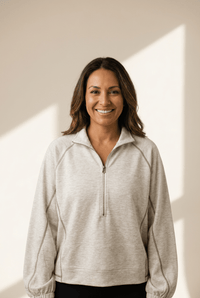 Women's Heathered Grey Half-Zip Pullover with Exposed Seam Detail