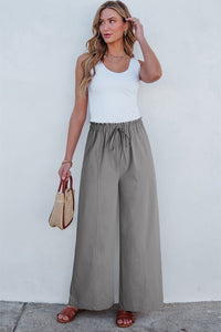 Gray Solid Color Drawstring Elastic Waist Casual Loose Pants