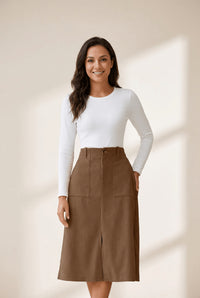 Women's High Waist Coffee Corduroy Midi Skirt with Front Slit