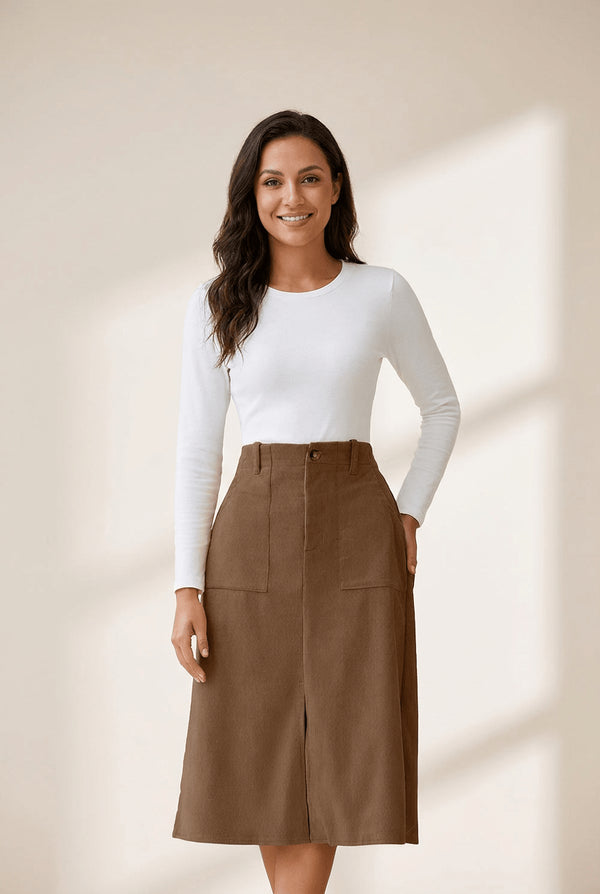 Women's High Waist Coffee Corduroy Midi Skirt with Front Slit