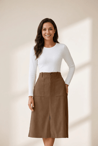 Women's High Waist Coffee Corduroy Midi Skirt with Front Slit