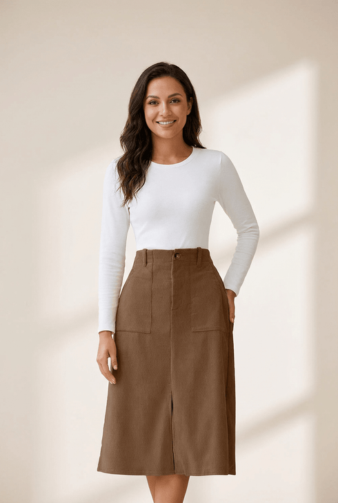Women's High Waist Coffee Corduroy Midi Skirt with Front Slit