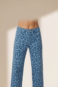 Women's High-Waist Leopard Print Straight Leg Jeans in Sky Blue