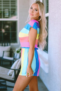 Multicolor Striped Print High Waist Short Sleeve Romper with Pockets