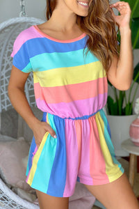 Women's High Waist Multicolor Striped Romper with Short Sleeves and Pockets for Effortless Summer Fashion