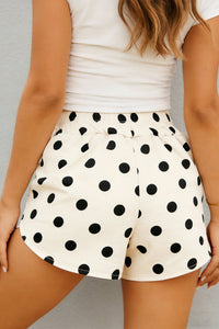 Apricot Polka Dot Print Shirred High Waist Casual Shorts