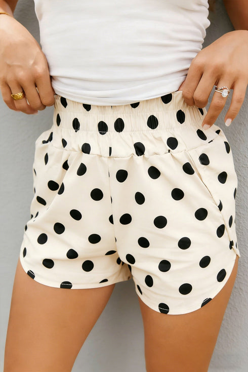 Women's High-Waisted Apricot Polka Dot Shorts with Shirred Detail – Casual Summer Fashion for Effortless Comfort