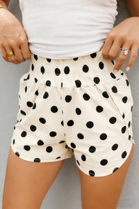 Women's High-Waisted Apricot Polka Dot Shorts with Shirred Detail – Casual Summer Fashion for Effortless Comfort