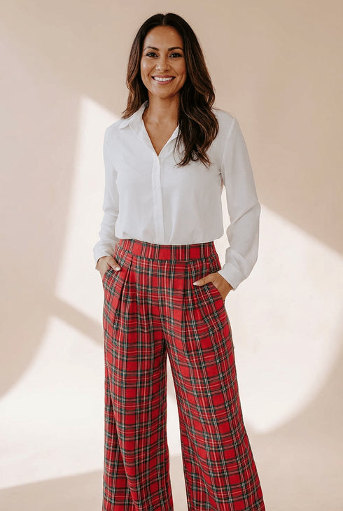 Women's High-Waisted Red Plaid Wide-Leg Trousers with Pockets