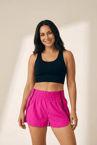 
Women's High-Waisted Rose Red Athleisure Shorts with Varsity Stripes