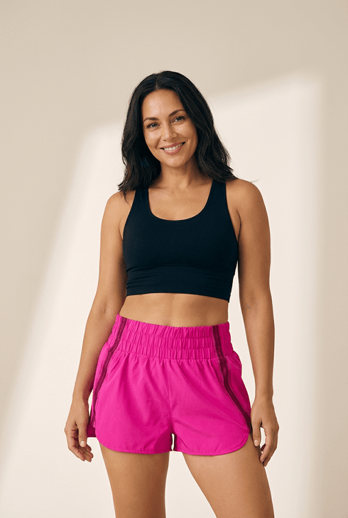 Women's High-Waisted Rose Red Athleisure Shorts with Varsity Stripes
