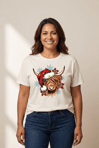 Women's Highland Cow Festive Christmas Graphic Tee in Soft Jersey