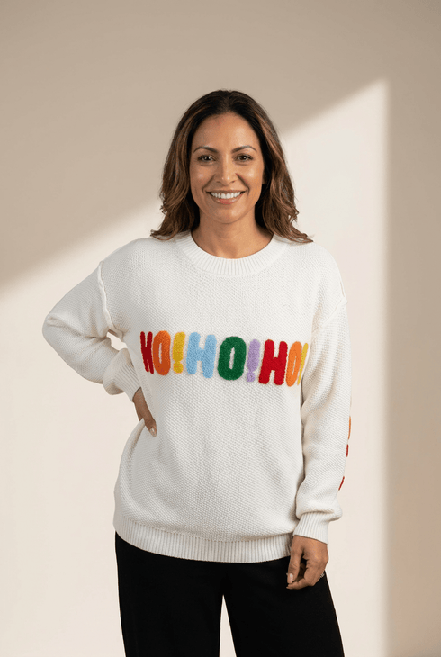Women's Ho Ho Ho Embroidered Festive Knit Pullover Sweater