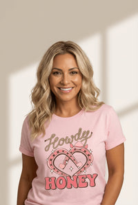 Women's Howdy Honey Pink Graphic Tee with Horseshoe Heart