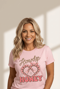 Women's Howdy Honey Pink Graphic Tee with Horseshoe Heart