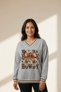 Women's Howdy Western Graphic V-Neck Sweatshirt with Fringed Bow