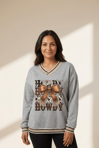 Women's Howdy Western Graphic V-Neck Sweatshirt with Fringed Bow