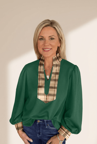 Women's Hunter Green Plaid Accent V-Neck Blouse with Bishop Sleeves