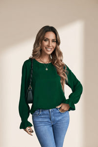 Women's Hunter Green Smocked Cuff Blouse with Bubble Sleeves
