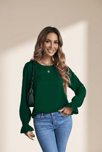 Women's Hunter Green Smocked Cuff Blouse with Bubble Sleeves