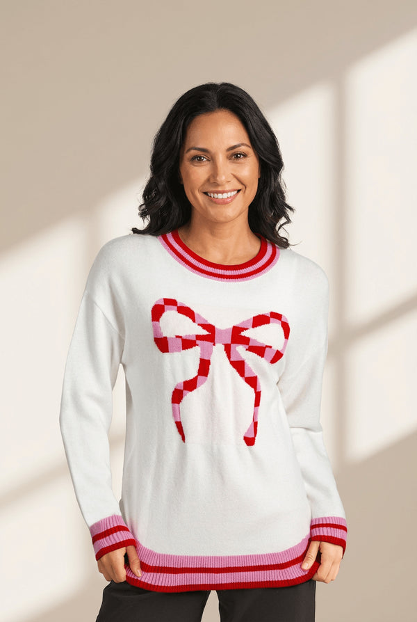 Women's Intarsia Bow Graphic Knit Sweater in White and Crimson