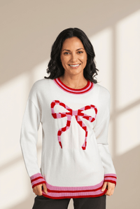 Women's Intarsia Bow Graphic Knit Sweater in White and Crimson