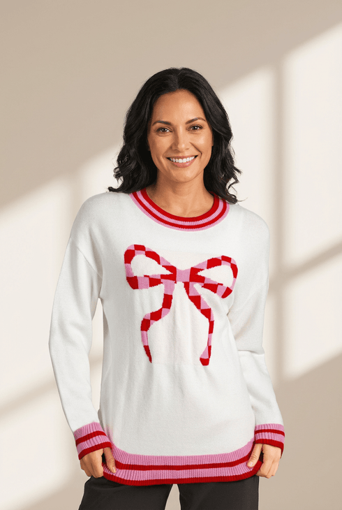 Women's Intarsia Bow Graphic Knit Sweater in White and Crimson