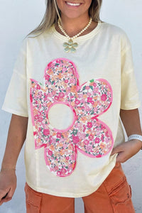 Women's Floral Appliqué Oversized Cotton-Blend Tee in Jet Stream