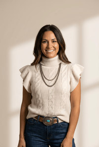 Women's Jet Stream Cable Knit Turtleneck with Ruffled Short Sleeves