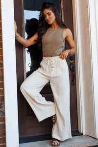 Jet Stream Drawstring Elastic Waist Button Pleated Detail Wide Leg Pants