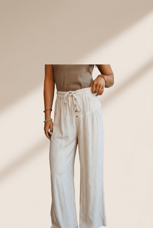 Jet Stream Drawstring Elastic Waist Button Pleated Detail Wide Leg Pants