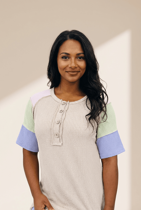 Women's Jet Stream Ribbed Henley Color Block Short Sleeve Top
