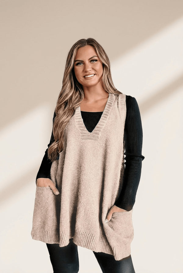 Women's Jet Stream Ribbed V-Neck Tunic Sweater Vest with Pockets