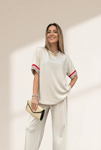 Women's Jet Stream Striped Crewneck Tee and Straight Leg Pant Set with practical styling and dependable silhouette control.