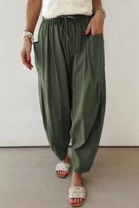 Jungle Green Drawstring Elastic Waist Patch Pocket Barrel Leg Casual Pants