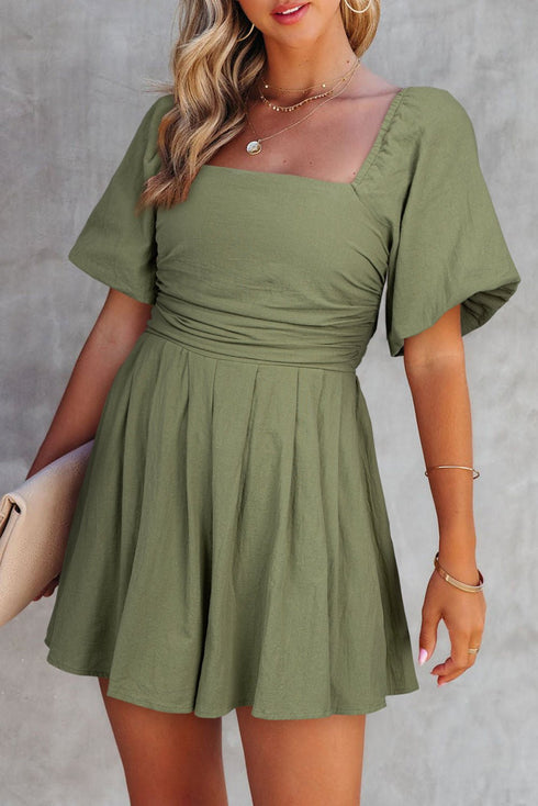 Women's Jungle Green Ruched Puff Sleeve Romper with Square Neck - Stylish, Comfortable Fit for Summer Adventures