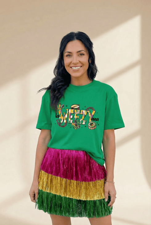 womens-festive-bright-green-weezy-graphic-t-shirt-ideal-for-holiday-celebrations-and-mardi-gras-parties