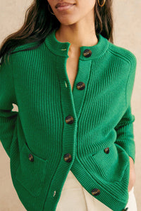 Dark Green Chunky Buttoned Front Round Neck Cardigan Sweater