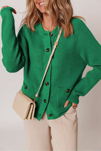 Dark Green Chunky Buttoned Front Round Neck Cardigan Sweater