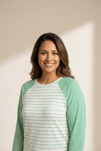 Women's Kelly Green Striped Raglan Tee with Textured Patchwork
