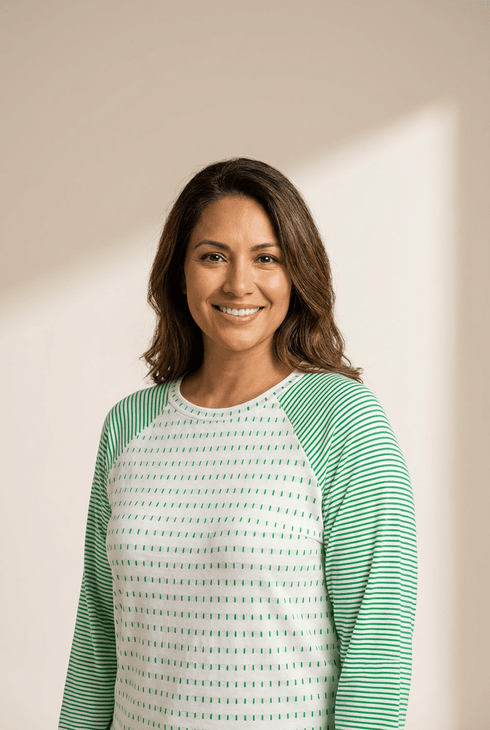 Women's Kelly Green Striped Raglan Tee with Textured Patchwork