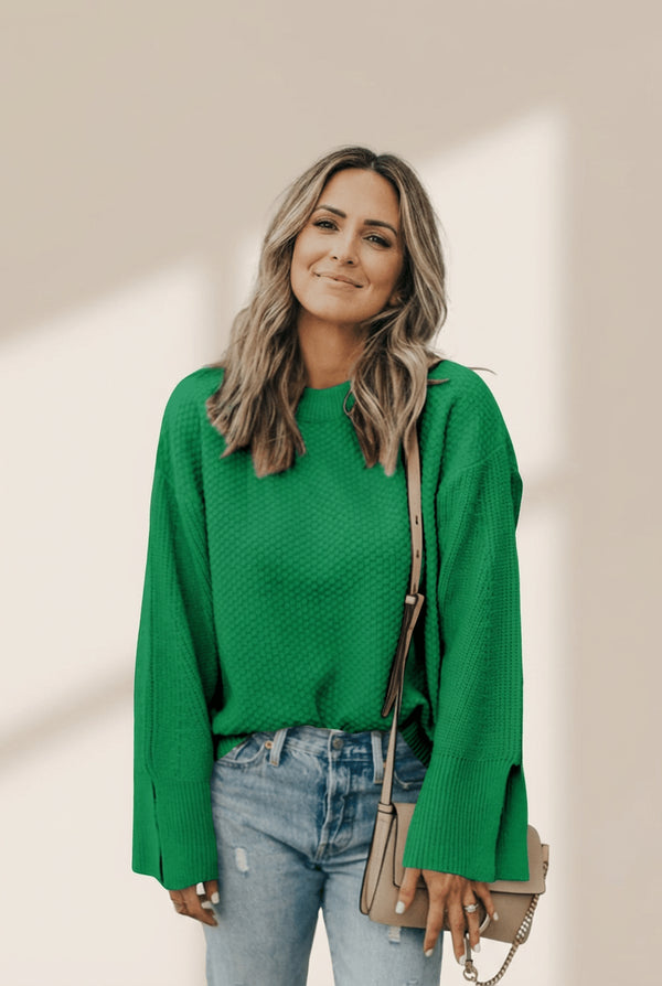 Women's Kelly Green Waffle Knit Split Cuff Sweater