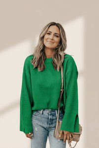 
Women's Kelly Green Waffle Knit Split Cuff Sweater