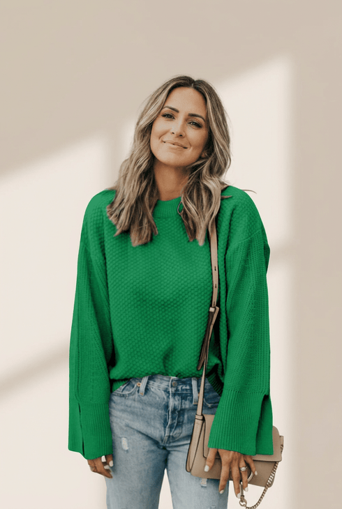 Women's Kelly Green Waffle Knit Split Cuff Sweater
