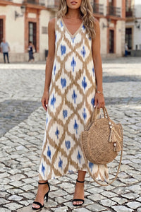 Women's Khaki Boho V-Neck Sleeveless Maxi Dress with Abstract Print - Trendy Summer Style for Effortless Comfort