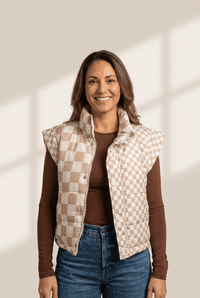 Women's Khaki Checkered Quilted Vest with Mock Neck