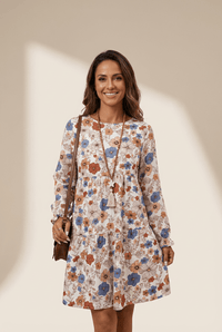 Women's Khaki Floral Tiered Shift Dress with Long Ruffle Sleeves